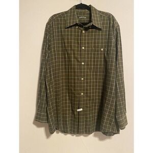Orvis Button Down Large Shirt Army Green Plaid Long Sleeves 100% Cotton